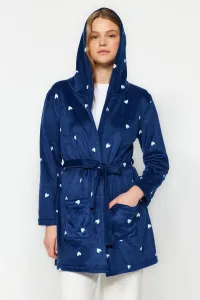 Trendyol Navy Blue Belted Heart Patterned Pocket and Hood Detailed Fleece Knitted Dressing Gown #9188419