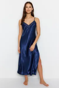 Trendyol Indigo Lace and Slit Detailed Rope Strap Satin Woven Nightdress