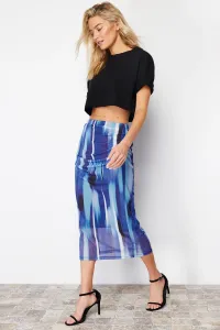 Trendyol Blue Printed Tulle Fitted High Waist Lined Midi Knitted Skirt