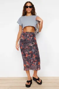 Trendyol Anthracite High Waist Printed Midi Stretchy Lined Tulle Knitted Skirt