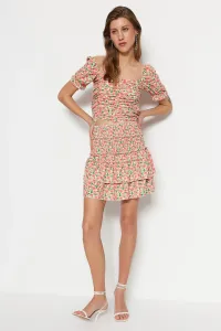 Trendyol Pink Floral Skirt With Ruffle High Waist Crisp Mini Knitted Skirt #6135391