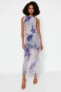 Trendyol Lilac Printed Tulle Slit Detailed Ruffled Midi Stretchy Knitted Skirt #7458295