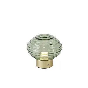 Nabíjacia stolová lampa Earl LED, mosadz/zelená, výška 14,5 cm, sklo