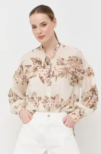Bavlnená košeľa Twinset dámska, béžová farba, voľný strih, so stojačikom
