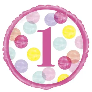 Balón fóliový 1. narodeniny ružový s bodkami – 45 cm