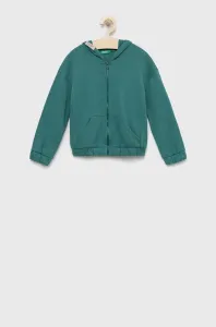 Detská bavlnená mikina United Colors of Benetton zelená farba, s kapucňou, jednofarebná #2569372