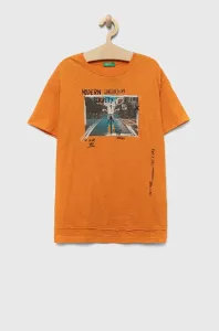 Detské bavlnené tričko United Colors of Benetton oranžová farba, s potlačou