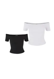 Urban Classics Ladies Organic Off Shoulder Rib Tee 2-Pack black+white - Size:XL