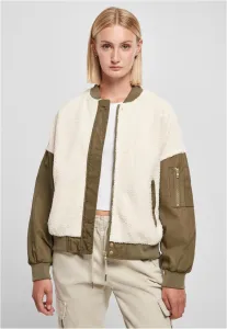 Urban Classics Ladies Oversized Sherpa Mixed Bomber Jacket whitesand/darkolive - Size:3XL