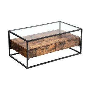 VASAGLE Konferenčný stolík hnedý sklenená doska 106x60 cm