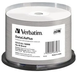 VERBATIM CD-R(50-pack) spindl, AZO 52X, 700MB, WHITE WIDE THERMAL PRINTABLE SURFACE NON-ID