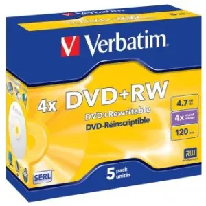 Verbatim DVD+RW, Matt Silver, 43229, 4.7GB, 4x, jewel box, 5-pack, bez možnosti potisku, 12cm, pro archivaci dat