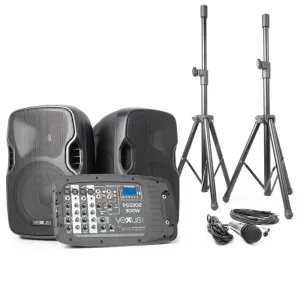 Vexus PSS302, prenosný PA audio systém, 300 W max., bluetooth, USB, SD, MP3, 2 x statív, 1 x mikrofón