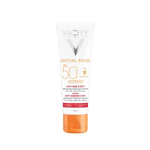 Vichy Capital Soleil Anti-Ageing 3-in-1 SPF50 50 ml opaľovací prípravok na tvár pre ženy na veľmi suchú pleť; proti vráskam; na rozjasnenie pleti