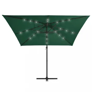Konzolový slnečník s LED svetlami oceľová tyč 250 × 250 cm zelený