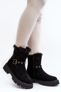 Čierne dámske zimné členkové topánky s kožušinou a prackou - 37