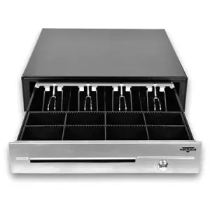 Virtuos pokladní zásuvka C430D s kabelem, kovové držáky, nerez panel, 9-24V, černá