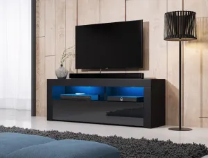 TV stolík Mex s LED osvetlením 140 cm čierny mat/čierny lesk