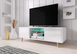 TV stolík Sweden s LED osvetlením 140 cm biely mat/biely lesk