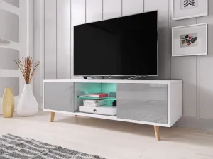TV stolík Sweden s LED osvetlením 140 cm biely mat/sivý lesk