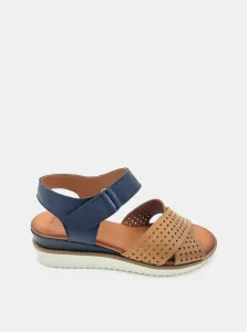 Hnedo-modré dámske kožené sandálky na plnom podpätku WILD #1045322