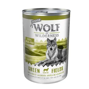 Wolf of Wilderness konzervy, 12 x 400 g - 10 + 2 zdarma -Senior 12 x 400 g Green Fields - jahňacie & kuracie