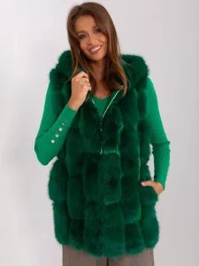 Tmavo-zelená dámska kožušinová vesta s vreckami a kapucňou - L/XL