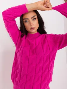 Fuchsiový rolákový bavlnený pletený sveter s vrkočovým vzorom - UNI