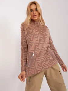 Hnedý rolákový vzorovaný sveter s vreckami na zips - UNI