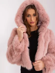 Svetlo-ružová krátka kožušinová prechodná bunda s kapucňou - L/XL