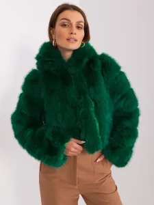 Tmavo-zelená krátka kožušinová prechodná bunda s kapucňou - L/XL