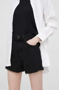 Rifľové krátke nohavice Wrangler dámske, čierna farba, jednofarebné, vysoký pás #6687771