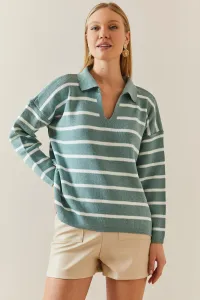 XHAN Aqua Green Polo Neck Striped Oversize Sweater