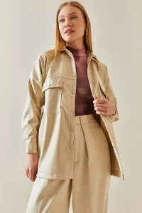 XHAN Beige Snap Buttoned Leather Shirt