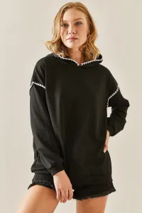 XHAN Black Embroidery Detailed Hoodie Sweatshirt