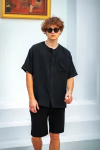 XHAN Black Muslin Short Sleeve Shirt 3xe2-46977-02