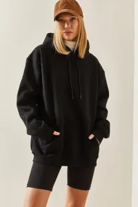 XHAN Black Oversize Ribbed Hooded Sweatshirt