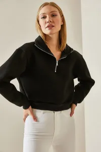 XHAN Black Zipper Detailed Crop Sweatshirt
