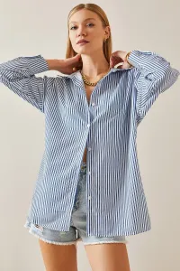 XHAN Blue Striped Polo Neck Oversize Shirt