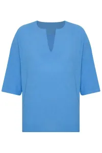 XHAN Blue V-Neck Poor Sleeve Oversized Linen Shirt 2x2x2-45964-12
