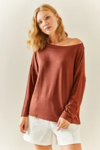 XHAN Brown Boat Neck Loose Blouse