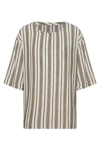 XHAN Khaki Wide Collar Striped Oversized Linen T-shirt