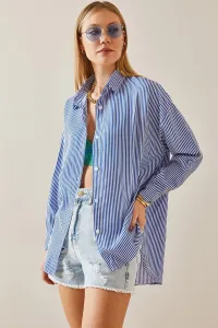 XHAN Navy Blue Striped Polo Neck Oversize Shirt