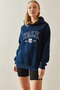 XHAN Navy Blue Text Detailed Raised Hooded Sweatshirt 4KXK8-47602-14