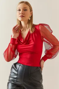 XHAN Red Ruffle Collar Sleeves Tulle Blouse