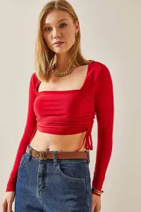 XHAN Red Square Neck Gathered Crop Blouse