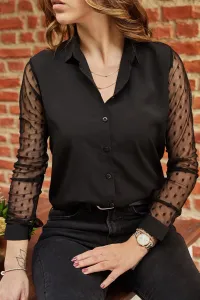 XHAN Women's Black Sleeve Detailed Shirt