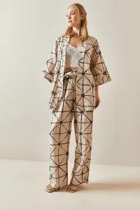 XHAN Brown Patterned Wide Leg Linen Kimono Suit 4KXK8-47909-02