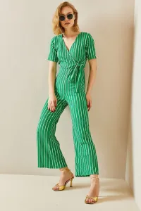XHAN Green Double Breasted Collar Striped Jumpsuit
