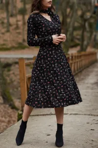 XHAN Dámske šaty s čiernym kravatovým golierom kvetinový vzor #8715615